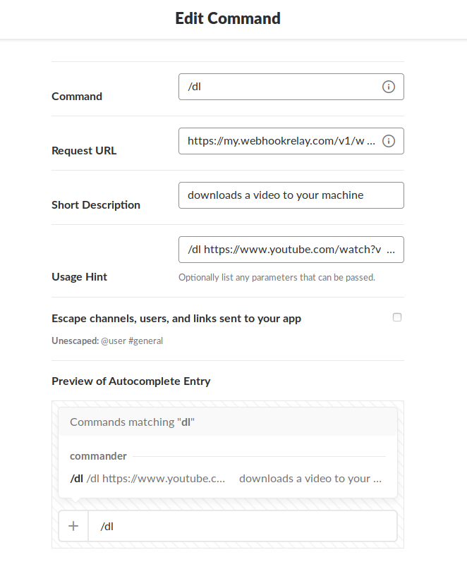 Slack slash command configure