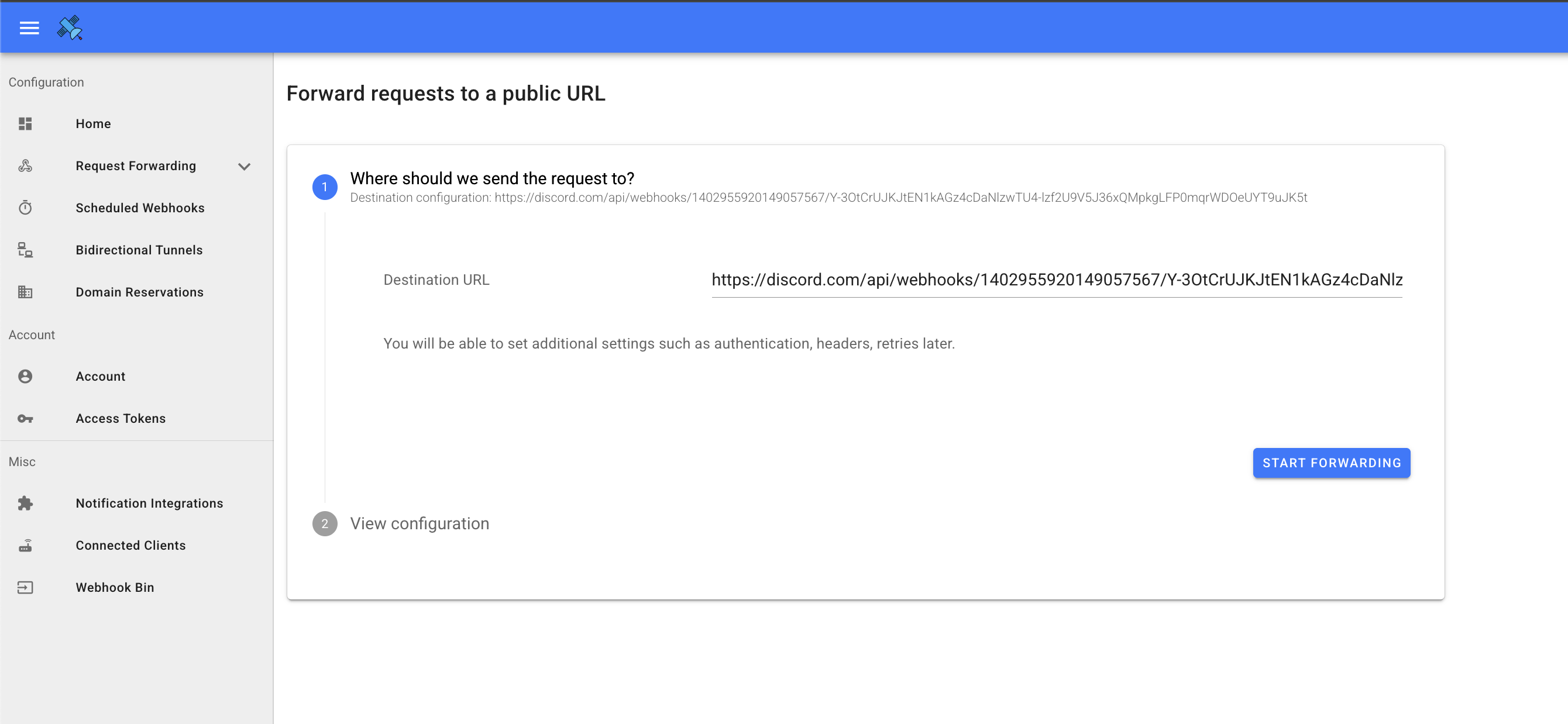 Discord webhook URL goes into the public URL as the destination