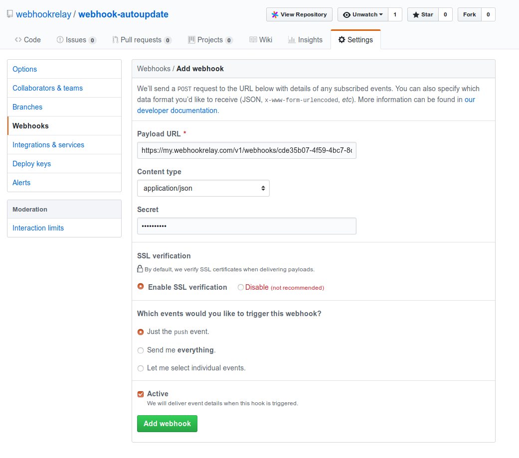 set webhook destination