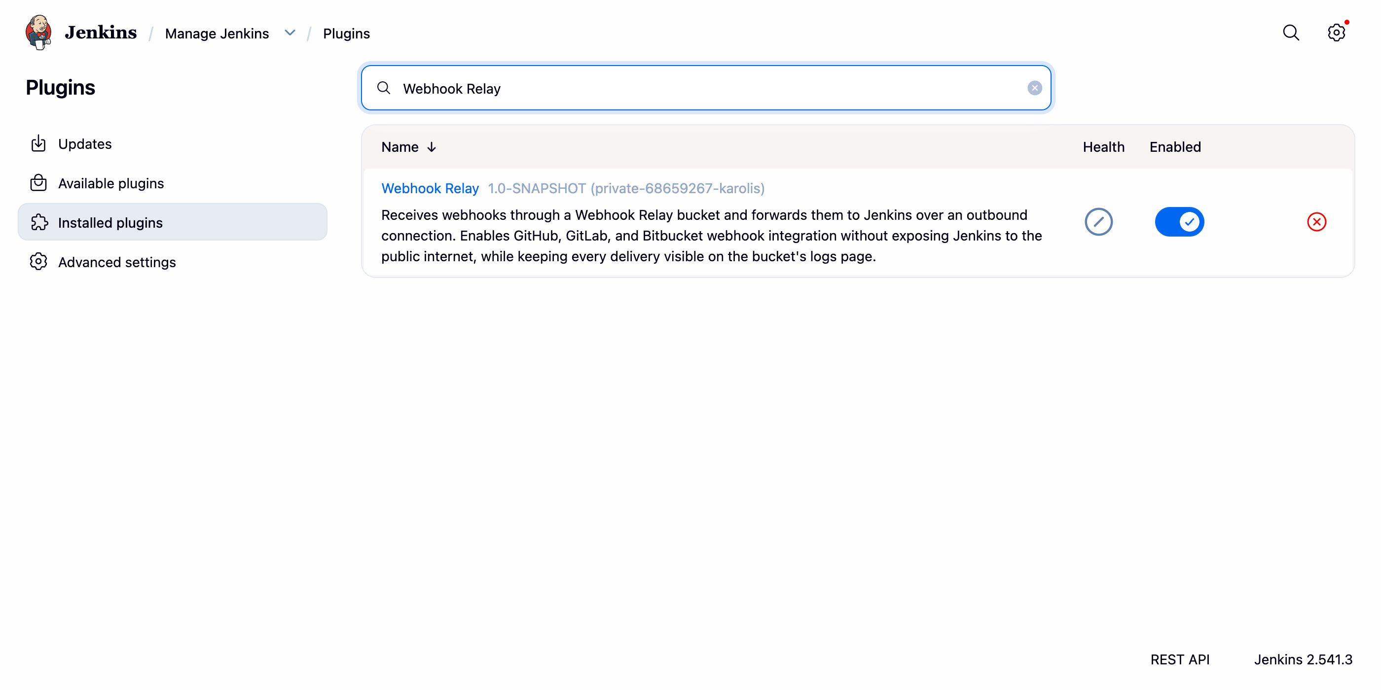 Webhook Relay plugin installed